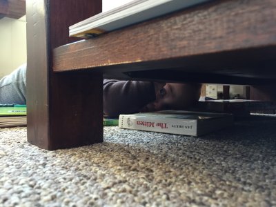 He eyes a book under the table too