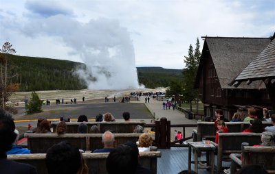 Viewing Old Faithful from the veranda