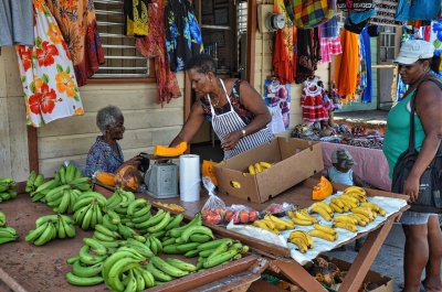 Fruit stand and fashion stand in Anse La Raye