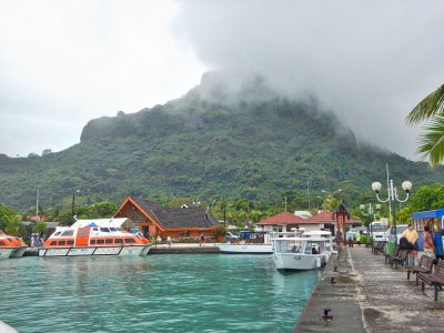 Mt Otemanu towers over Vaitape Harbor