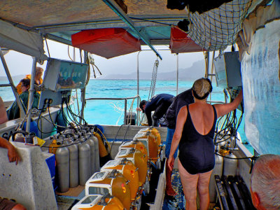 On the dive boat for a helmet dive