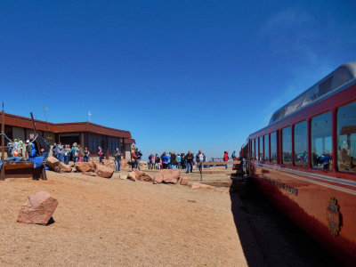 The Cog Railway Train parked at the Summit House