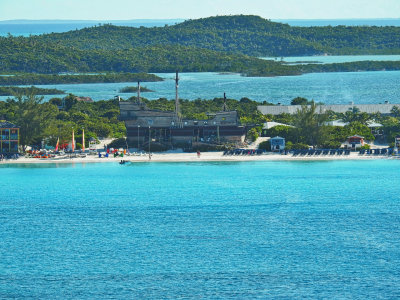 The beach, bar and lagoon of Half Moon Cay
