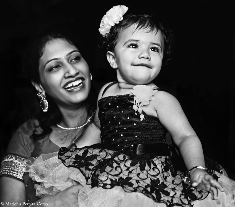 Monochrome of baby Sara and her mom on Saras 1st birthday...Saras aunt calls her The Shining Little Doll