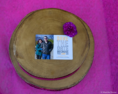 Our Save The Date Refrigerator Magnet, for photoshoot purposes l placed it on wood cutting board
