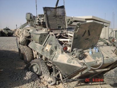 Canadian Army Coyote vehicle after a bomb strike in Kandahar province