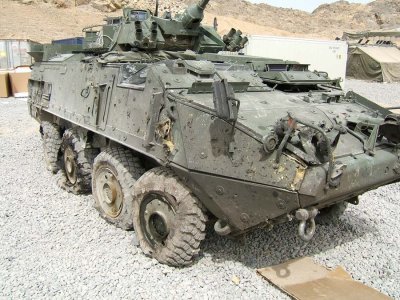 Canadian LAV vehicle which has sustained a small hull breach after a bomb strike south of Kandahar city