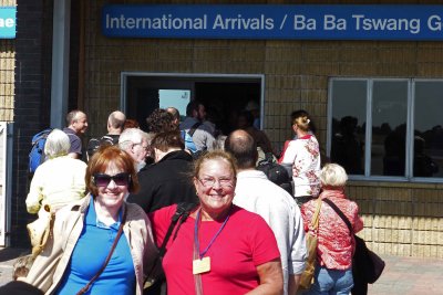 Susan & Carol Waiting to Enter Customs at Maun Airport