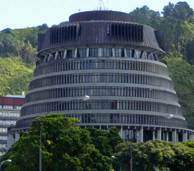 'The Beehive' houses NZ government cabinet members in Wellington, NZ