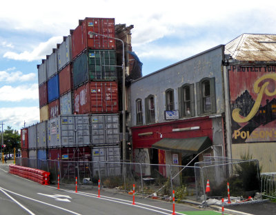 Shipping Containers hold up Building Facades in Christchurch since 2011 Earthquake