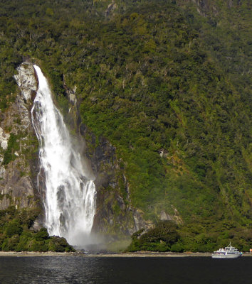 Bowen Falls with Boat for Scale in Milford Sound, NZ