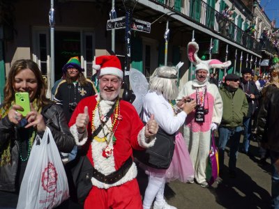 Santa Claus and the Easter Bunny watching KOE Parade