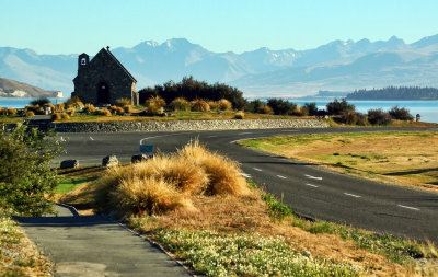 Lake Tekapo morning & Church of the Good Shepherd.