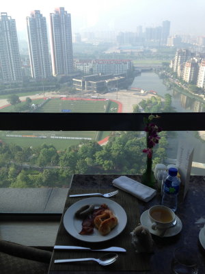 Tickley enjoying breakfast at the executive club on the 20th floor