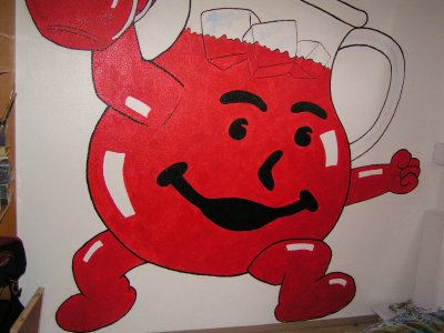 Aforementioned Kool-Aid man.  The damn thing is so big that I cant even fit it all into one frame.  Id like to see a new clause in our housing contract just because of this.  I still think it is funny as hell.