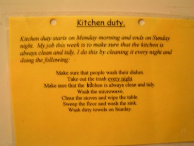These are the duties of the Kitchen Bitch for the week.  It is not a fun duty to have, though I have had plenty worse.