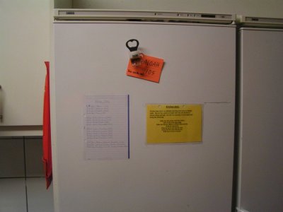 This is the fridge that I share with Liz and Heather.  It is also the fridge that has the kitchen duty list on it.