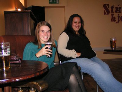 Heather and Esmerelda.  Thats a big glass of beer for someone so prim and proper.