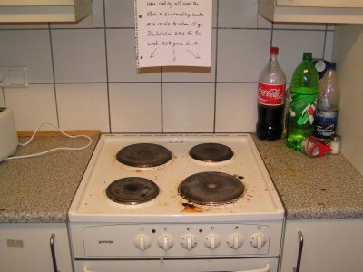 This is one of the very minor reasons why you dont want to have kitchen duty.  Thankfully, I had a sharpie and a piece of paper in response to this mess....and no, I did not clean it up.