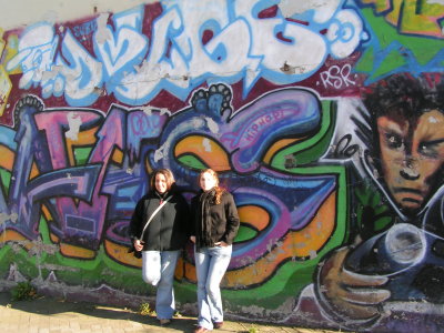 Esmerelda and Rebecca with some of the local grafitti.
