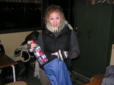 Liz immediately warmed up when she found the bottle of vodka wrapped in my tent.
