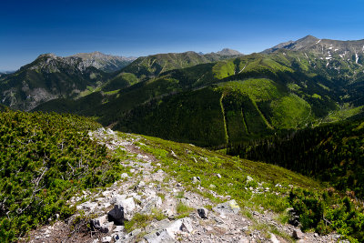 View from Grzes 1653m towards Kominiarski Wierch 1829m, Ornak 1854m and Konczysty Wierch 2002m behind on the right, West Tatra