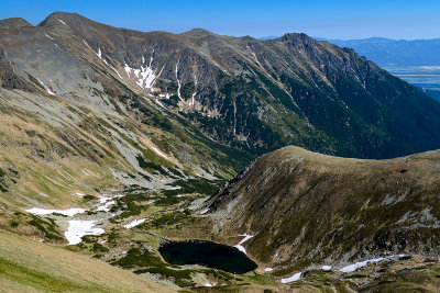 View from Wolowiec 2064m, Lower Jamnicke Lake 1732m with Jakubina 2194m and Otrhance 2050m behind, West Tatra