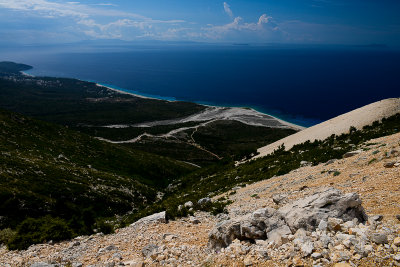 Dhërmi Bay from above, far behind Corfu Island