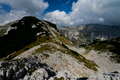Ilin Do pass 2230m, Gruda 2302m and Planinica 2330m far behind from the Prutas northern climbing route, Durmitor NP