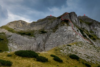 Marked in red northern Prutas climbing route we took, a view point, Prutas 2393m main summit behind on the right, Durmitor NP