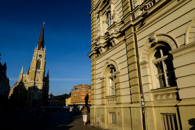 Pozorisni trg with The Name of Mary Church behind, Novi Sad