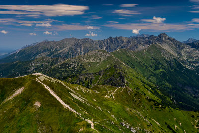 View eastwards from Malolaczniak 2096m with Kondracka Kopa 2005m below and Hight Tatra far behind