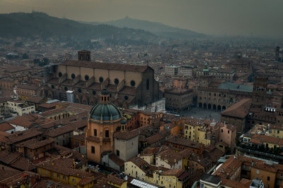 Old Town with outstanding Basilica di San Petronio, view from Asinelli Tower, Bologna 