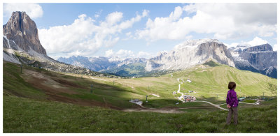 Norah with Sassolungo, the Odles, and the Sella Group