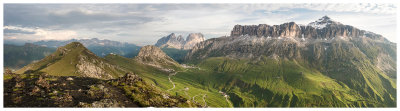 Sas Bece, Sassopiatto-Sassolungo, and the Sella group at sunrise