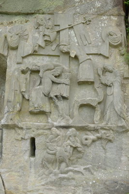 The Externsteine relief of the Descent from the Cross. The bent tree below the cross has been suggested to represent the Irminsul, humiliated by the triumph of Christianity.