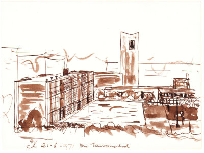 Amsterdam, NH kerk De Uitweg (op achtergrond) schets Jan Luiten (Tuinstad Osdorp), circa 1970.jpg