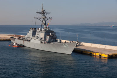 The USS Barry welcomes us to the Port of Piraeus for Athens, Greece