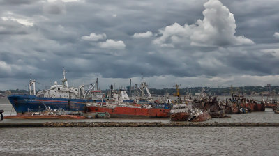 Derelict ships in the entrance to the Montevideo harbor