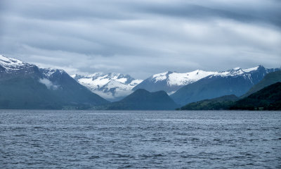 Cloudy, snowy Romsdalsfjorden