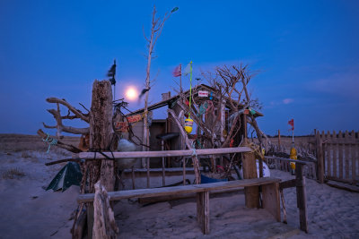 March : Moonset over Chatham driftwood house
