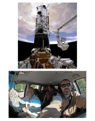 Story repairing the Hubble Space Telescope, 1993/Story Musgrave and Tom, Dwight in backseat and Jenn in very back seat.