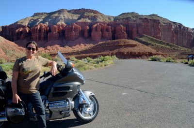 Loida and Motorcycle at Capital Reef.JPG
