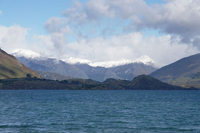 View across Wanaka Lake to Southern Alps