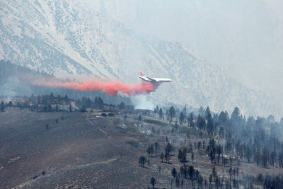 DC-10 Tanker dumping over forest fire near Lee Vining