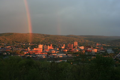Rainbow over city