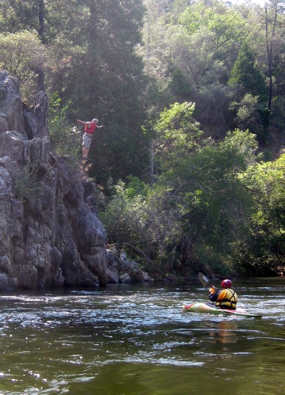 Luis Montes Leaping from Jumping Rock in the American River Gorge (Ingrid Gennity there as Shepherd)