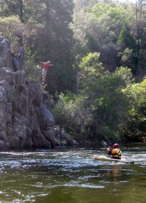 Luis Montes Leaping from Jumping Rock in the American River Gorge (Ingrid Gennity there as Shepherd)