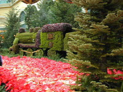 Pointsettia Display inside the Bellagio Atrium along with a train made out of greenery