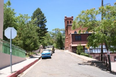Street in Jerome, Catholic church on right
